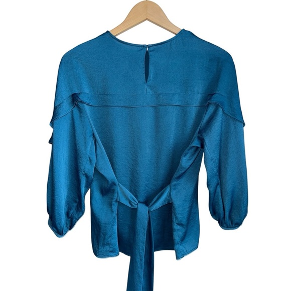 MAJE Lavana Self-Tie Crepe Blouse in Peacock Blue | Long Billow Sleeve Top Large - Picture 6 of 12
